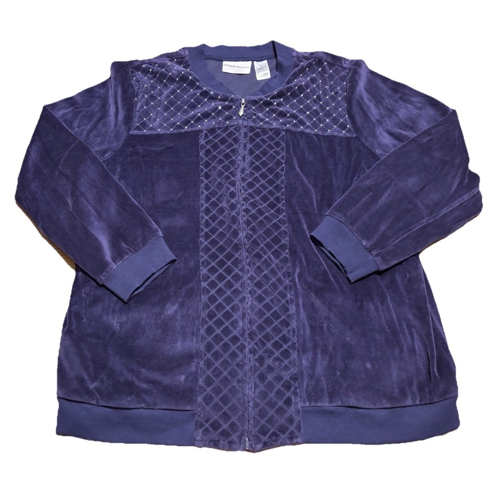 Alfred Dunner Women's Size 16 Plum Purple Velour Full Zip Quilted Detail Hoodie
